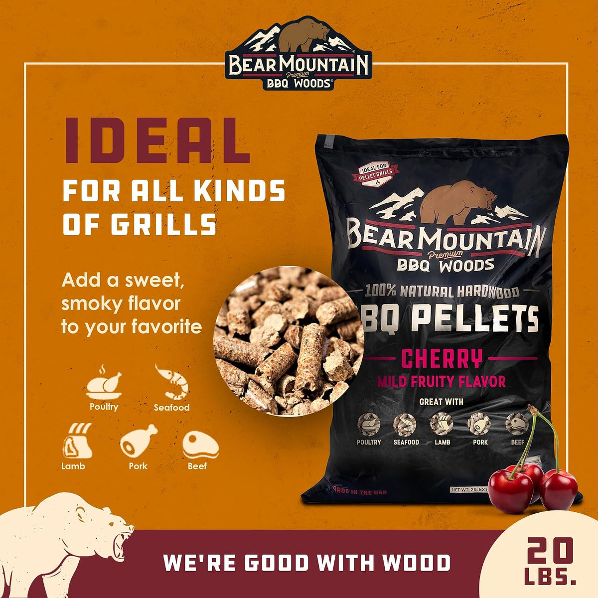 Bear Mountain — Cherry pellet features and grill compatibility