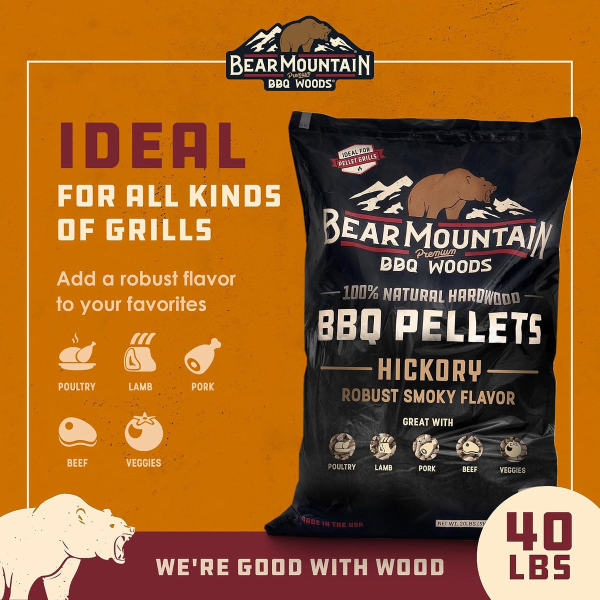 Bear Mountain — Hickory 40 lb pellet features and food pairings