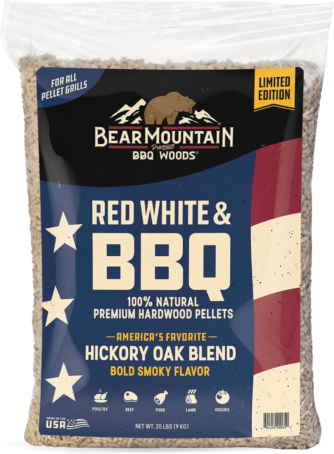 Bear Mountain — Red, White & BBQ pellet bag, front