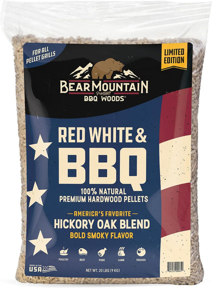 Bear Mountain — Red, White & BBQ pellet bag, front