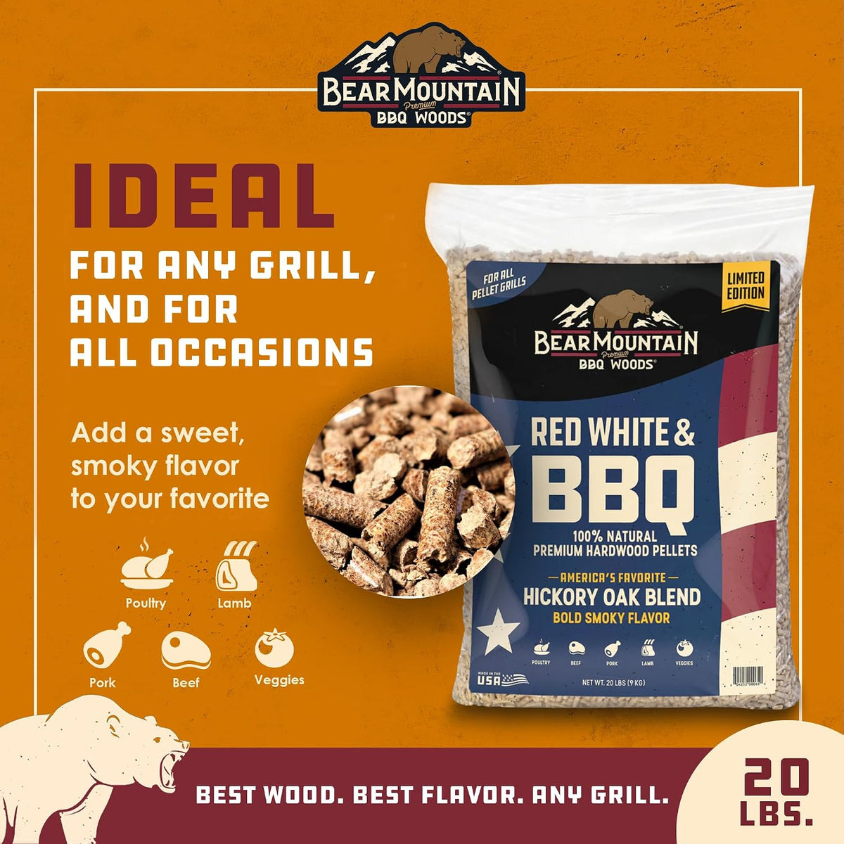 Bear Mountain — Red, White & BBQ pellet features and food pairings