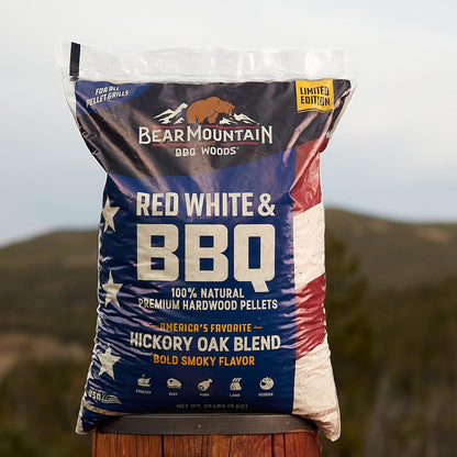 Bear Mountain — Red, White & BBQ pellet bag outdoors