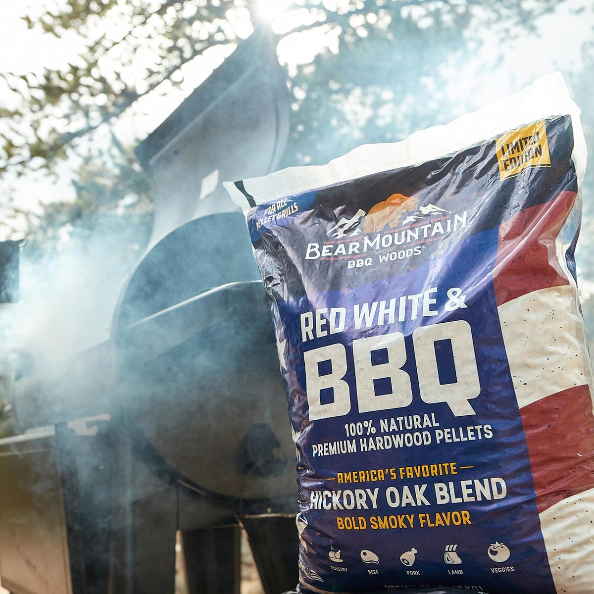 Bear Mountain — Red, White & BBQ pellets beside a grill