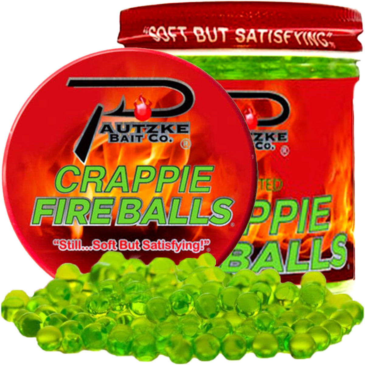Pautzke's chartreuse Crappie Fire Balls jar with bait