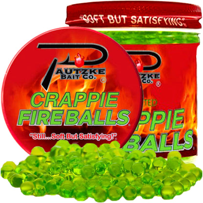 Pautzke's chartreuse Crappie Fire Balls jar with bait