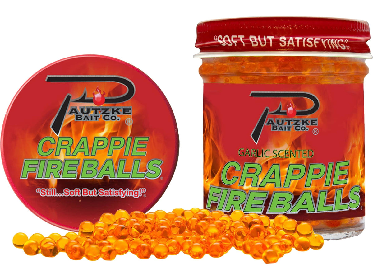 Pautzke's orange Crappie Fire Balls bait jar