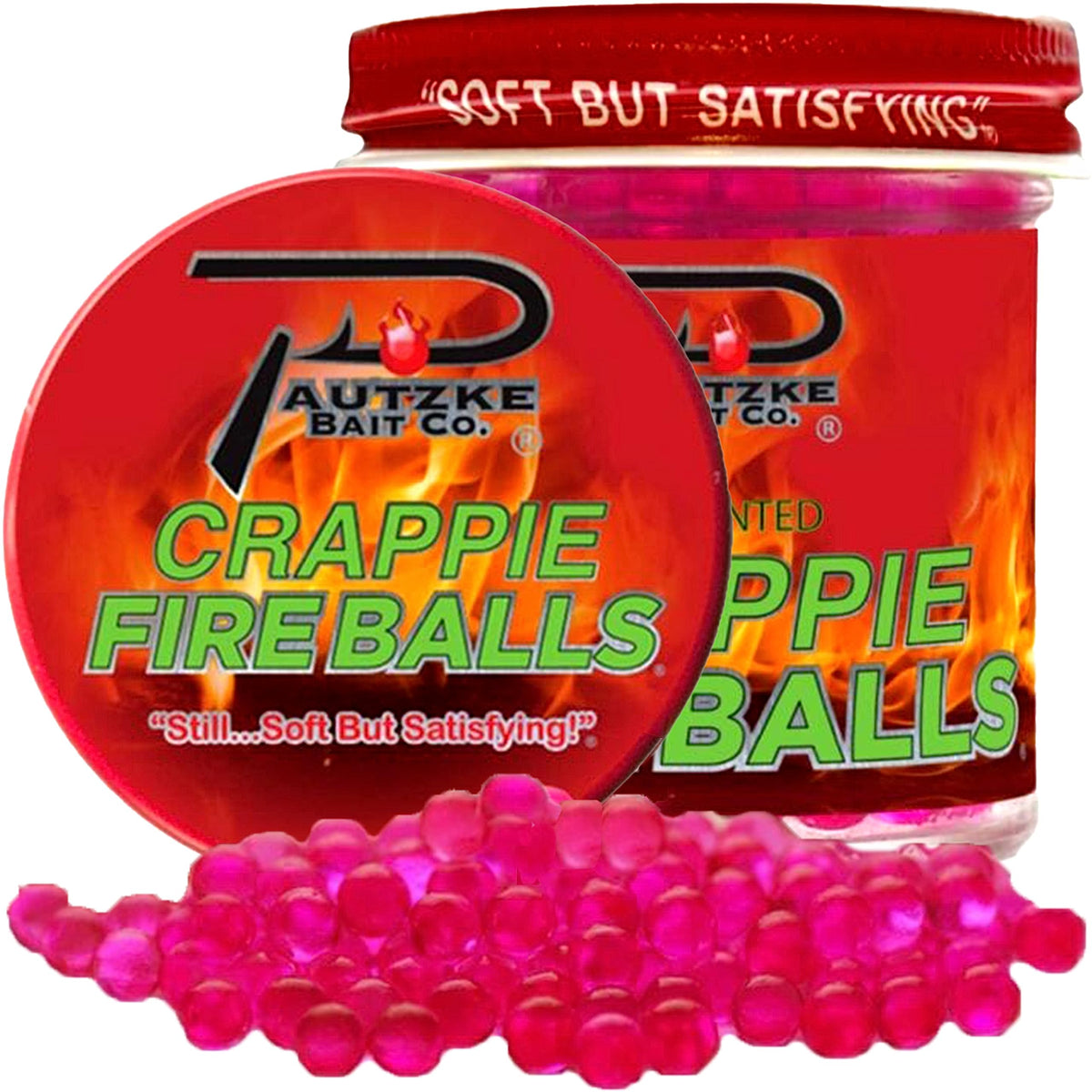 Pautzke's pink Crappie Fire Balls jar with bait