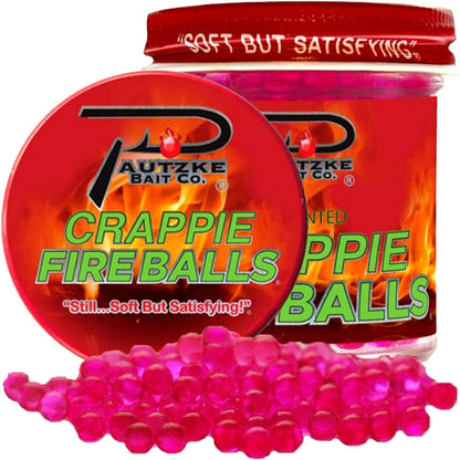 Pautzke's pink Crappie Fire Balls jar with bait