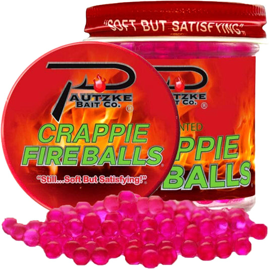 Pautzke's pink Crappie Fire Balls jar with bait